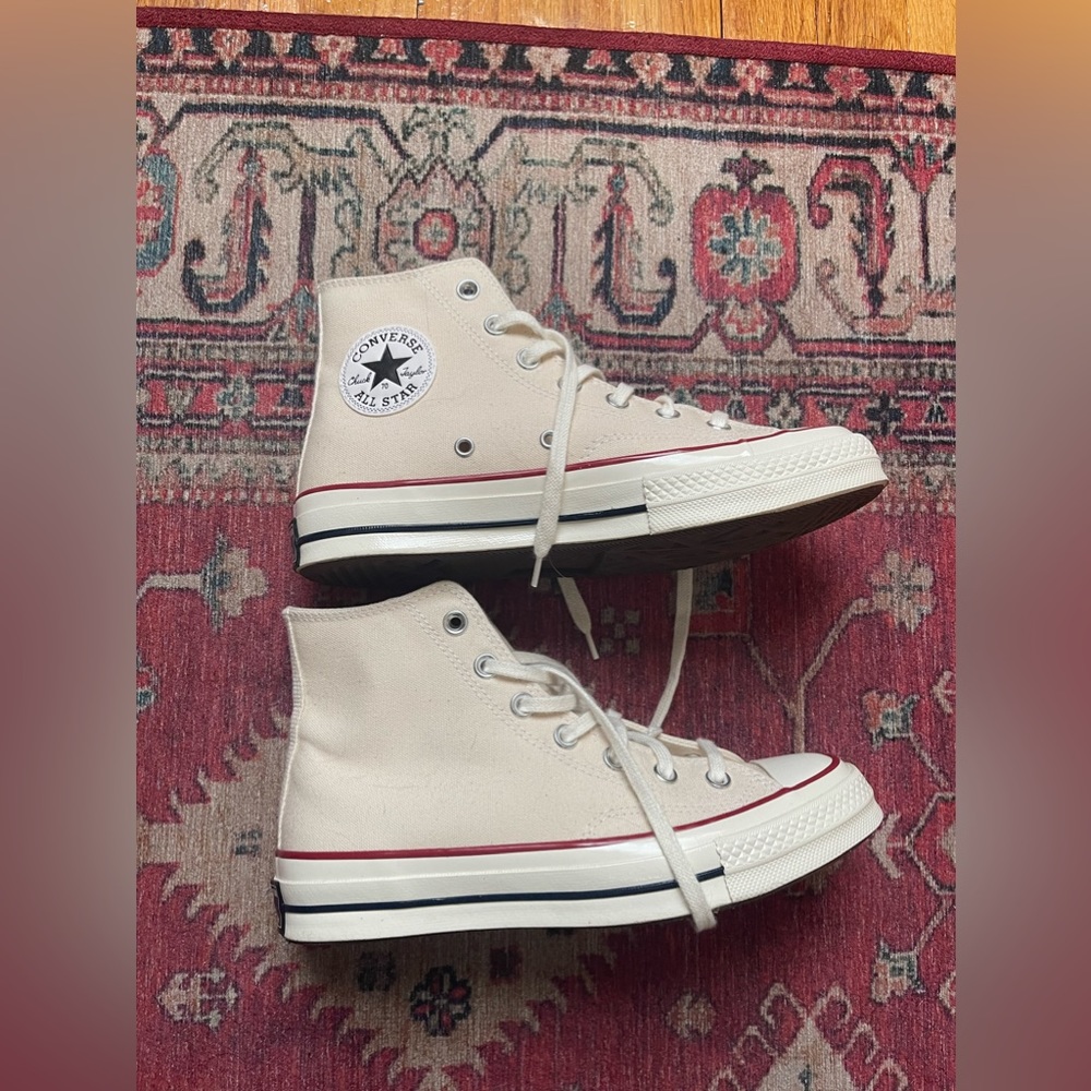 Converse High Top Sneakers in Cream with Red and Blue Accent - Picture 4 of 8